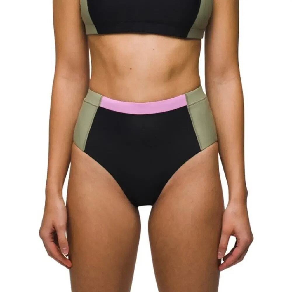 Prana Baja Bound Swim Bottom Women's XS Black Colorblock High Waist Bikini Brief